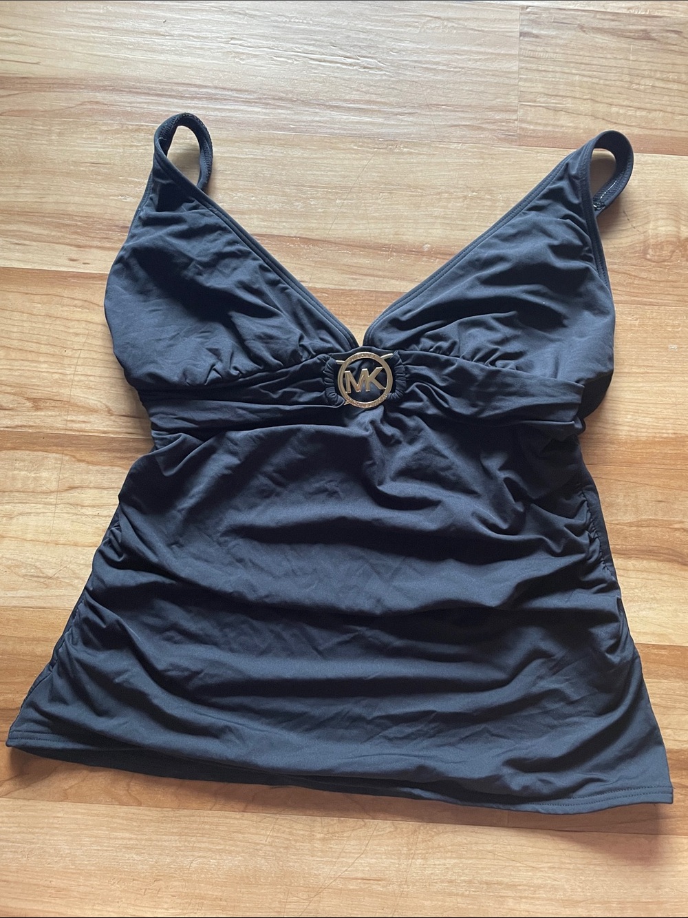 Michael Kors Black V-Neck Tankini Top with Gold MK Emblem
